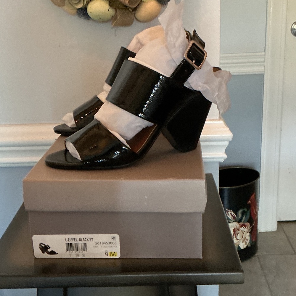 FrancoSarto Patent Black Block Heel Sandals with Buckle Strap - Women